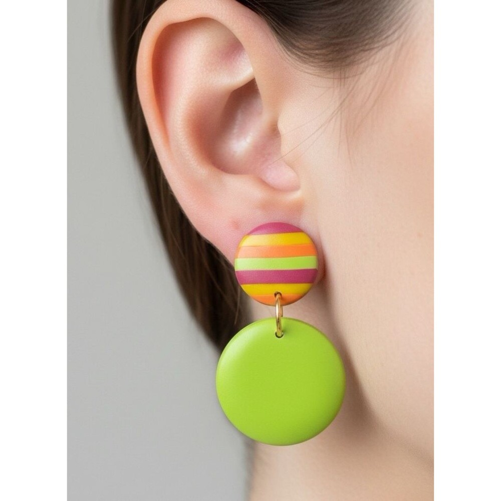 Handmade Lime Green & Rainbow Striped 2 pc Round Polymer Clay Dangle Earrings - Picture 3 of 8